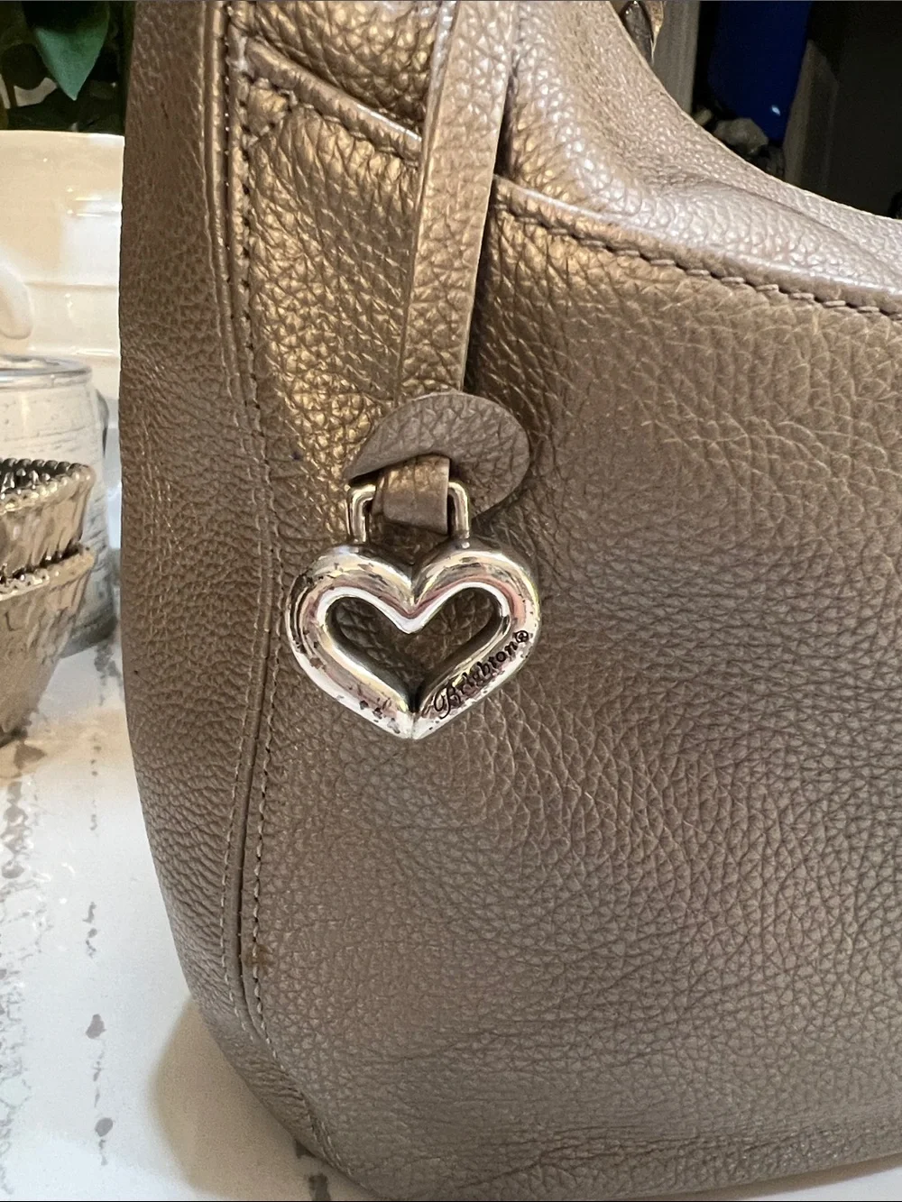 Brighton Metallic Taupe Pewter Leather Shoulder Bag with Braided Strap